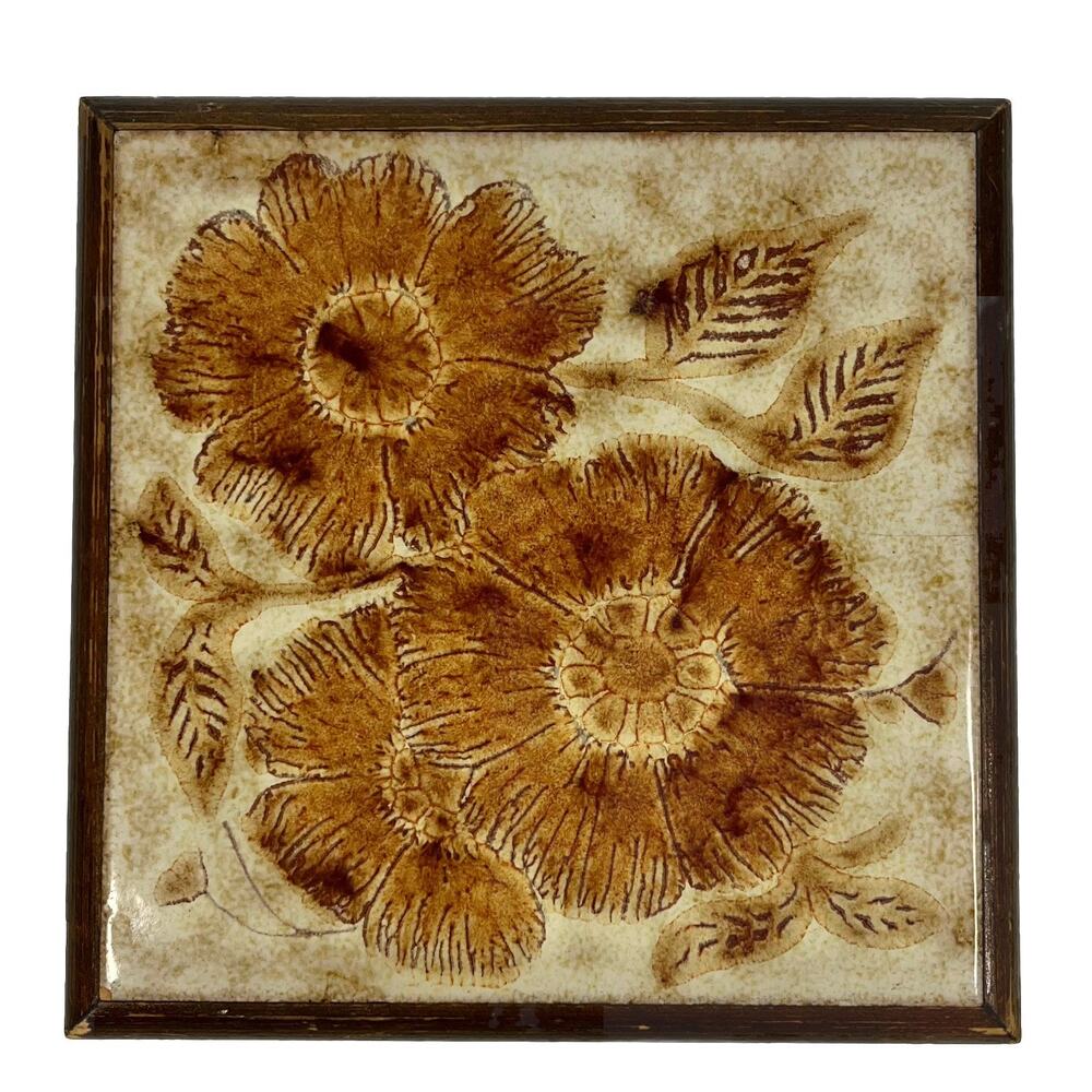 Vintage Floral Tile Trivet Made Italy Daisy Flower Wood Boho Cottagecore Granny